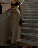 Ndyad Yellow V Neck Sheath Satin Long Prom Dresses Birthday Dresses Glam Guest Dresses HZ1024
