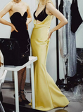 Ndyad Yellow V Neck Sheath Satin Long Prom Dresses Birthday Dresses Glam Guest Dresses HZ1024