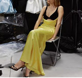Ndyad Yellow V Neck Sheath Satin Long Prom Dresses Birthday Dresses Glam Guest Dresses HZ1024