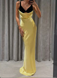 Ndyad Yellow V Neck Sheath Satin Long Prom Dresses Birthday Dresses Glam Guest Dresses HZ1024