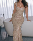 Ndyad Champagne Square Neck Mermaid Sequin Beading Long Prom Dresses Fashion Formal Evening Gowns HZ1024