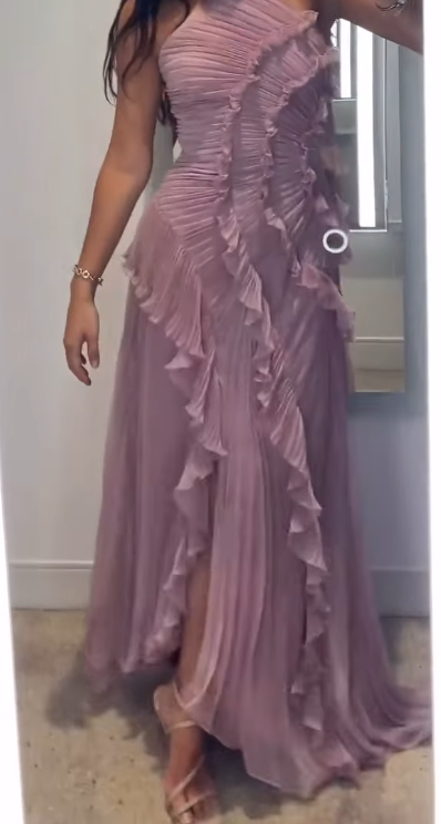 Ndyad Purple Halter A-Line Guest Dresses Chiffon Ruffles Long Prom Dresses Birthday Dresses HZ1024