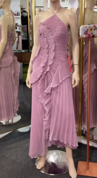 Ndyad Purple Halter A-Line Guest Dresses Chiffon Ruffles Long Prom Dresses Birthday Dresses HZ1024