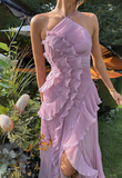 Ndyad Purple Halter A-Line Guest Dresses Chiffon Ruffles Long Prom Dresses Birthday Dresses HZ1024