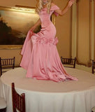 Ndyad Pink Off Shoulder Mermaid Satin Long Prom Dresses Formal Evening Gowns HZ1024