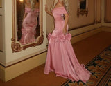 Ndyad Pink Off Shoulder Mermaid Satin Long Prom Dresses Formal Evening Gowns HZ1024