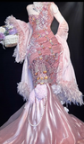 Ndyad Pink One Shoulder Mermaid Satin Prom Dresses Formal Evening Gowns with Beading HZ1024