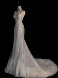 Ndyad White Spaghetti Straps Mermaid Tulle Evening Gown Shiny Trailing Wedding Dress HZ1024