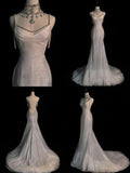 Ndyad White Spaghetti Straps Mermaid Tulle Evening Gown Shiny Trailing Wedding Dress HZ1024