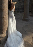 Ndyad White Spaghetti Straps Mermaid Tulle Evening Gown Shiny Trailing Wedding Dress HZ1024