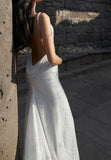 Ndyad White Spaghetti Straps Mermaid Tulle Evening Gown Shiny Trailing Wedding Dress HZ1024
