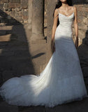 Ndyad White Spaghetti Straps Mermaid Tulle Evening Gown Shiny Trailing Wedding Dress HZ1024