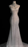 Ndyad White Spaghetti Straps Mermaid Tulle Evening Gown Shiny Trailing Wedding Dress HZ1024
