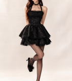 Ndyad Black Halter Neck A-Line Lace Tulle Short Prom Dresses Back to School Dress with Sequins HZ1024