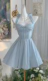 Ndyad Blue Halter Neck A-Line Satin Short Prom Dresses Homecoming Dress with Open Back HZ1024