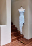 Ndyad Light Blue Spaghetti Straps Sheath Lace Short Party Dresses HZ1024