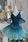 Ndyad Gradient Jade V-neck A-Line Tulle Short Party Dresses Sweetheart 16 Birthday Dress HZ1024