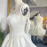 Ndyad White Square Neck A-Line Short Satin Birthday Evening Gowns Sweet Party Dress with Pearls HZ1024