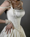 Ndyad White Square Neck A-Line Short Satin Birthday Evening Gowns Sweet Party Dress with Pearls HZ1024