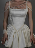 Ndyad White Square Neck A-Line Short Satin Birthday Evening Gowns Sweet Party Dress with Pearls HZ1024