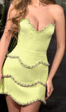 Ndyad Pink Strapless Sheath Short Satin Evening Gowns Gorgeous Birthday Party Dress with Beading HZ1024