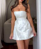 Ndyad White Strapless A-Line Jacquard Satin Short Prom Dresses Formal Evening Gowns HZ1024