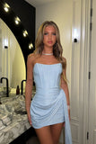 Ndyad Light Blue Strapless Bodycon Glitter Satin Short Prom Dresses Formal Evening Gowns HZ1024