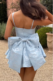 Ndyad Blue Spaghetti Straps A-Line Jacquard Satin Short Prom Dresses Sweetheart 17 Birthday Evening Gowns HZ1024