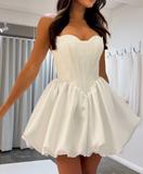 Ndyad White Strapless A-Line Satin Short Prom Dresses Fashion Homecoming Dress HZ1024