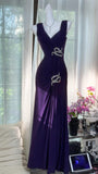 Ndyad Dark Purple V Neck Sheath Chiffon Long Prom Dresses Formal Evening Gowns HZ1024