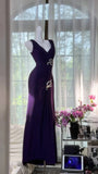 Ndyad Dark Purple V Neck Sheath Chiffon Long Prom Dresses Formal Evening Gowns HZ1024