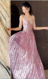 Ndyad Square Neck A-Line Sequins Long Prom Dresses Sweet Birthday Evening Gowns HZ1024