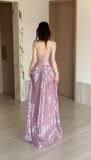 Ndyad Square Neck A-Line Sequins Long Prom Dresses Sweet Birthday Evening Gowns HZ1024