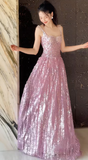 Ndyad Square Neck A-Line Sequins Long Prom Dresses Sweet Birthday Evening Gowns HZ1024