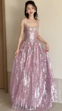 Ndyad Square Neck A-Line Sequins Long Prom Dresses Sweet Birthday Evening Gowns HZ1024