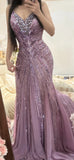 Ndyad Purple V-neck Mermaid Beaded Chiffon Long Prom Dresses Vintage Evening Gowns HZ1024