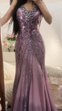 Ndyad Purple V-neck Mermaid Beaded Chiffon Long Prom Dresses Vintage Evening Gowns HZ1024