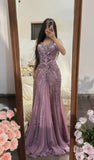 Ndyad Purple V-neck Mermaid Beaded Chiffon Long Prom Dresses Vintage Evening Gowns HZ1024