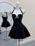Ndyad Black Halter A-Line Satin Short Evening Gowns Sweet Homecoming Dress HZ1024