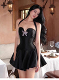 Ndyad Black Halter A-Line Satin Short Evening Gowns Sweet Homecoming Dress HZ1024