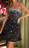 Ndyad Black Strapless A-line Satin Short Evening Gowns Sweet 17 Dress with Diamonds HZ1024