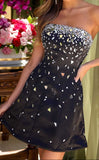 Ndyad Black Strapless A-line Satin Short Evening Gowns Sweet 17 Dress with Diamonds HZ1024
