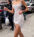 Ndyad White Square Neck Sheath Beaded Short Wedding Dress Birthday Evening Gowns HZ1024