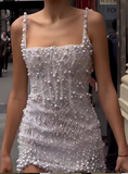 Ndyad White Square Neck Sheath Beaded Short Wedding Dress Birthday Evening Gowns HZ1024