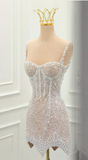 Ndyad White Square Neck Sheath Beaded Short Wedding Dress Birthday Evening Gowns HZ1024