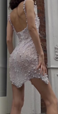 Ndyad White Square Neck Sheath Beaded Short Wedding Dress Birthday Evening Gowns HZ1024