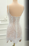 Ndyad White Square Neck Sheath Beaded Short Wedding Dress Birthday Evening Gowns HZ1024