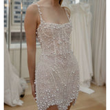 Ndyad White Square Neck Sheath Beaded Short Wedding Dress Birthday Evening Gowns HZ1024