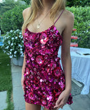 Ndyad Deep Fuchsia Spaghetti Strap Sheath Sequin Short Party Dressees HZ1024