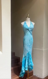 Ndyad Blue V Neck Mermaid Chiffon Beaded Prom Dresses Elegant Wedding Guest Dress HZ1024